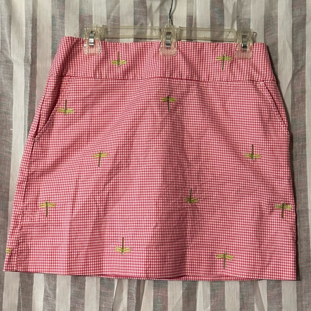 "J Crew", size 4, Pink and white checkered with green embroidered dragon flies